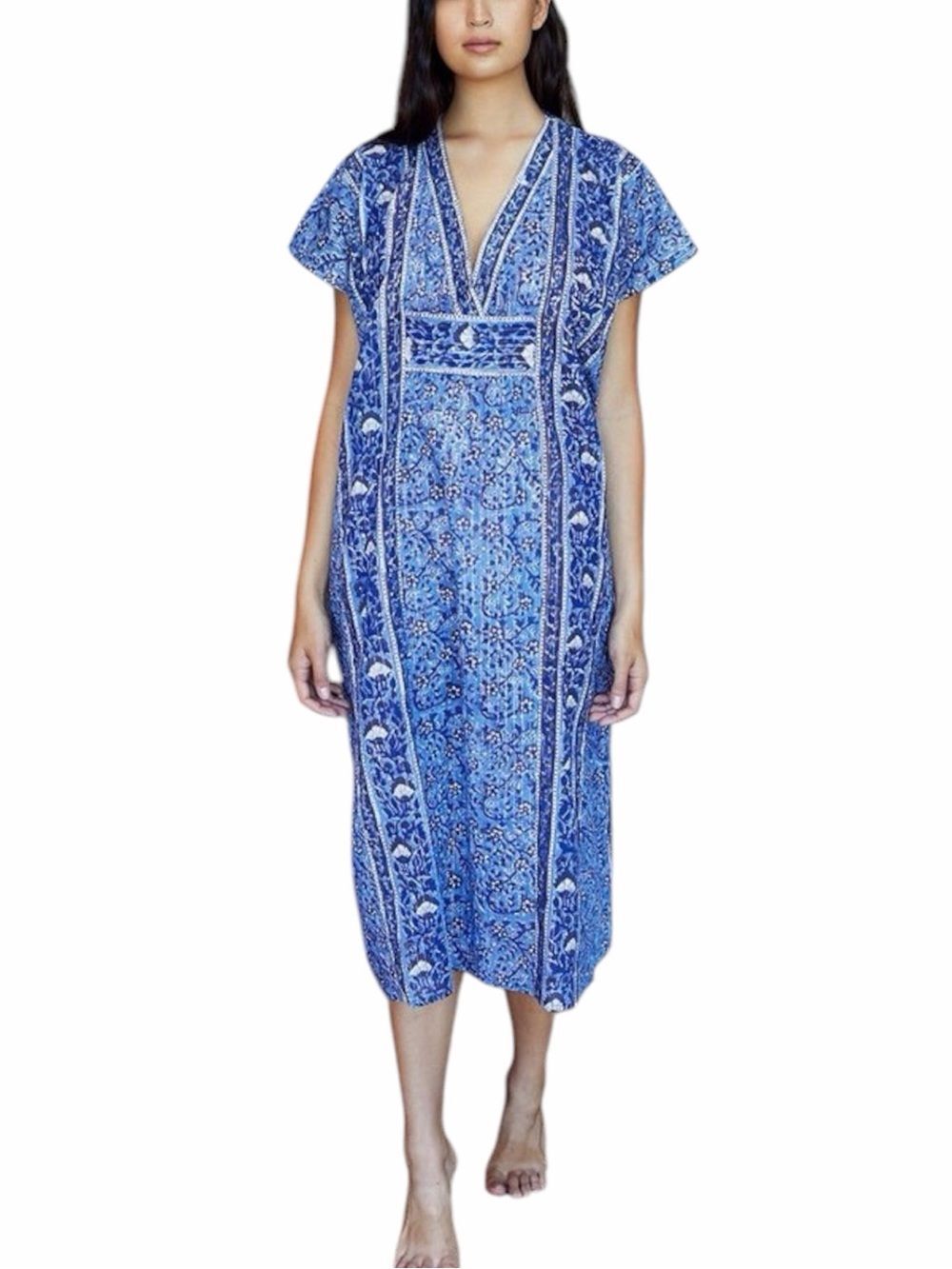 Emerson Fry India Collection Blue Cotton Gold Lurex V-Neck Caftan Midi Dress OS